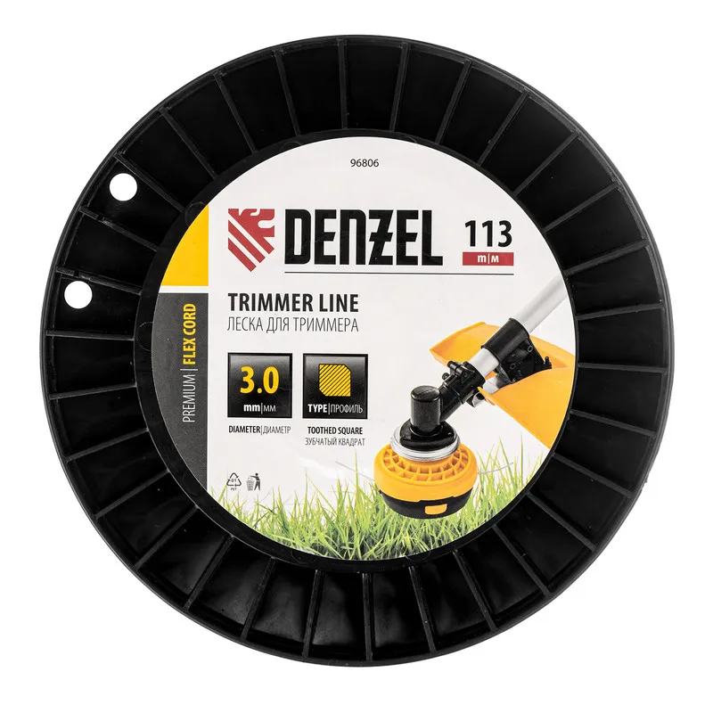 Леска для триммера Denzel зубчатый квадрат, 3,0ммх113м, на DIN катушке FLEX CORD