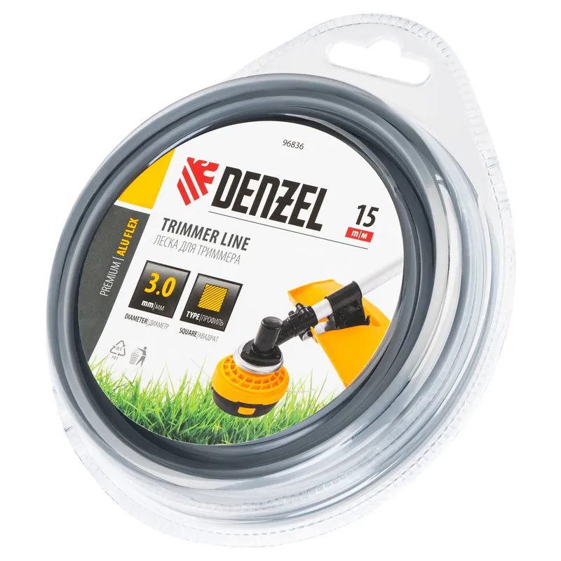 Леска для триммера Denzel армированная алюминием квадратная, 3,0ммх15м, блистер ALUFLEX