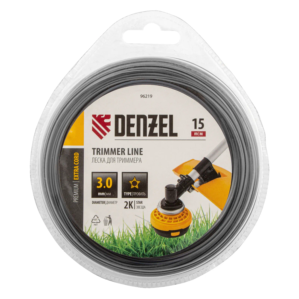 Леска для триммера Denzel двухкомпонентная звезда, 3,0ммх15м, блистер EXTRA CORD,