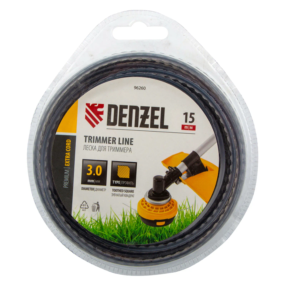 Леска для триммера Denzel двухкомпонентная зубчатый квадрат, 3,0ммх15м, блистер EXTRA CORD