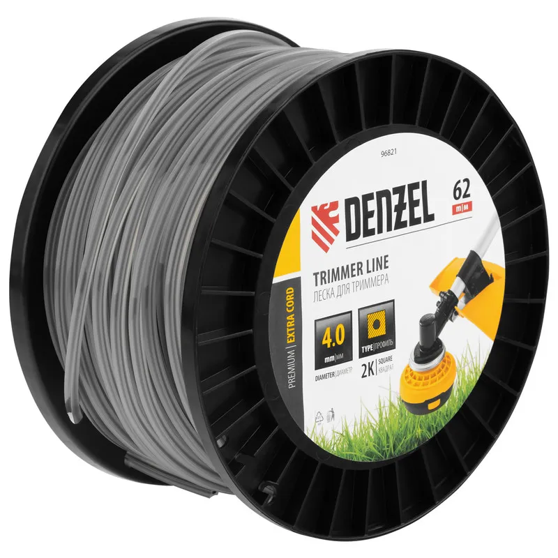 Леска для триммера Denzel двухкомпонентная квадрат, 4,0ммх62м, на DIN катушке EXTRA CORD