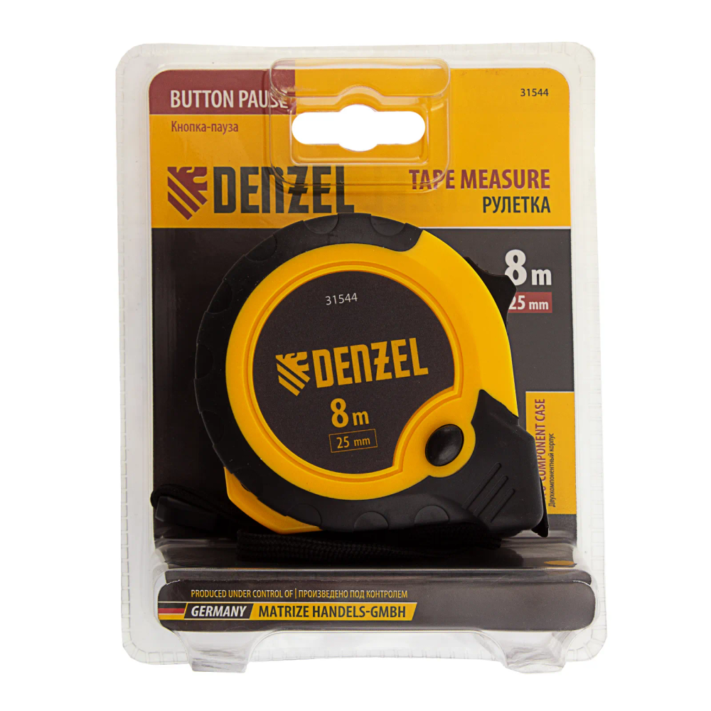 Рулетка Denzel 8мх25мм, двухкомп. корпус, кнопка-пауза - изображение 8