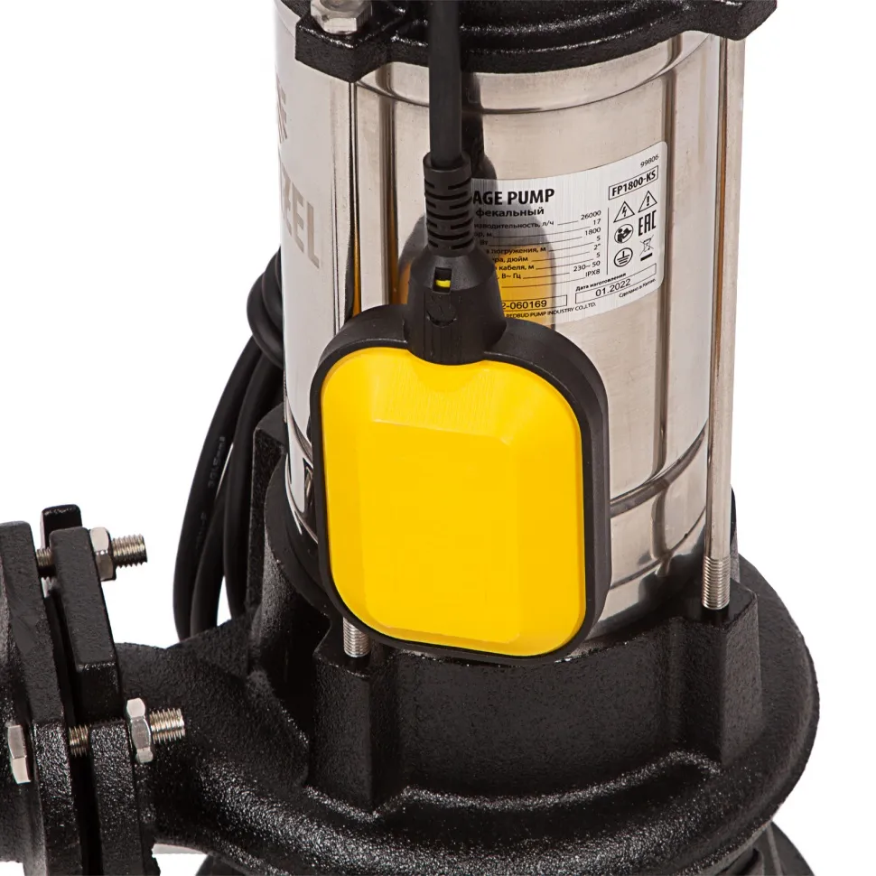 Фекальный насос Denzel FP1800-KS, 1800 Вт, напор 17 м, 26000 л/ч, нож-измельчитель - изображение 8