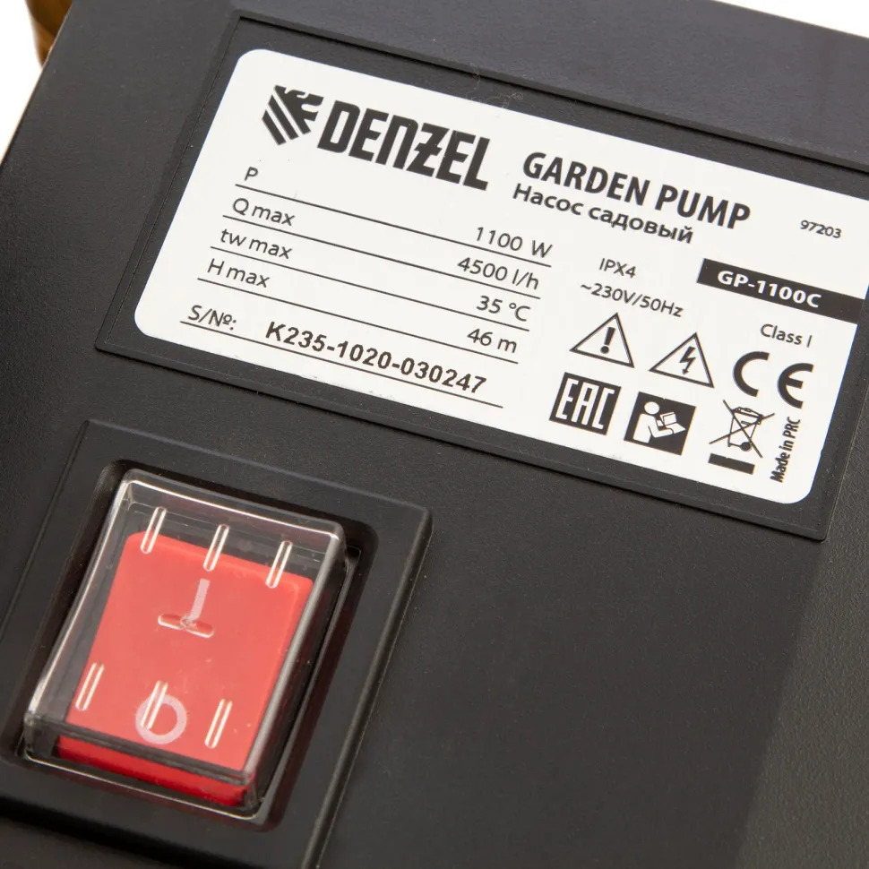 Садовый поверхностный насос Denzel GP1100C, 1100 Вт, 4500 л/ч, подъем 46 м, чугун - изображение 8