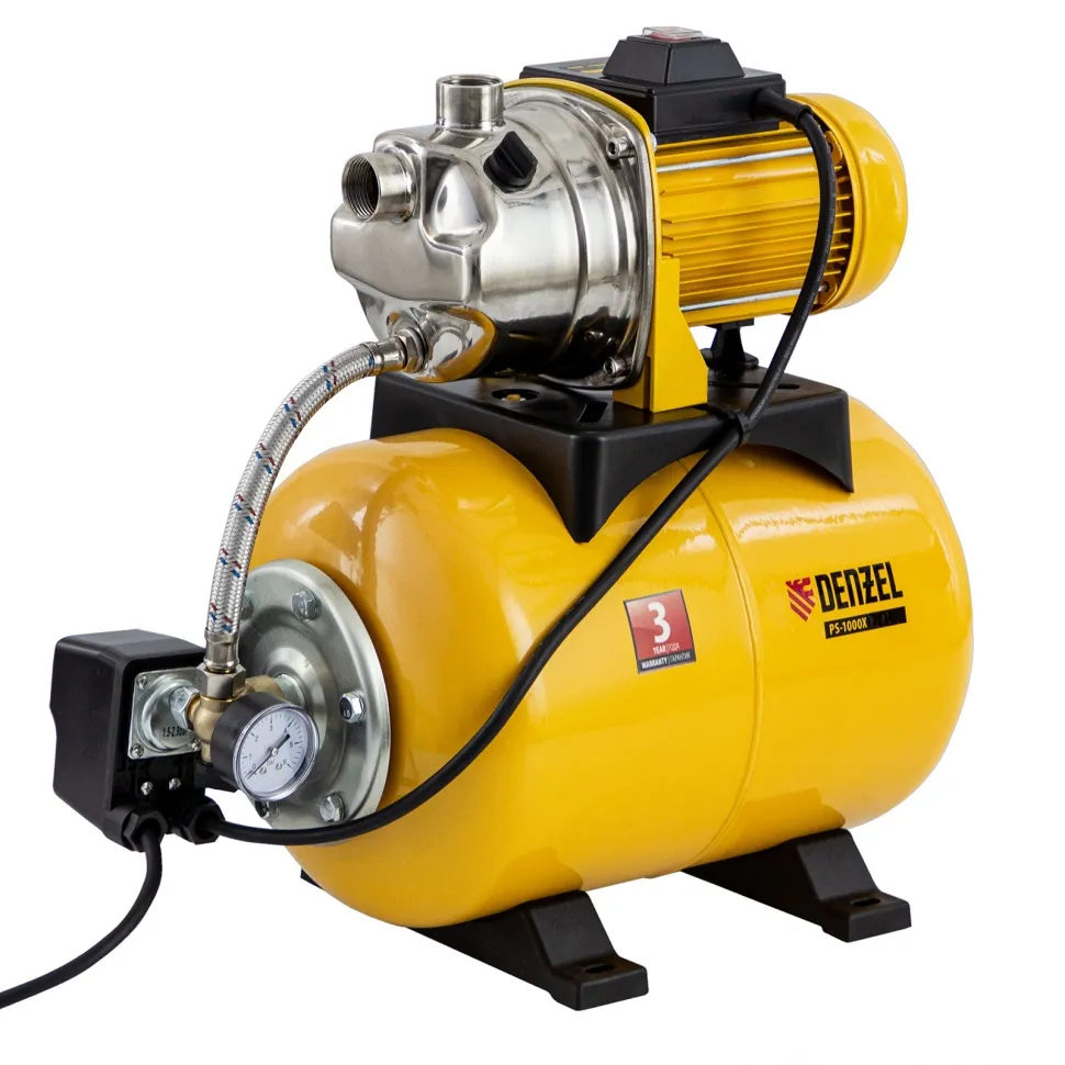 Насосная станция Denzel PS1000Х, 1000 Вт, 3500 л/ч, ресивер 24 л, подъем 44 м, нержавейка