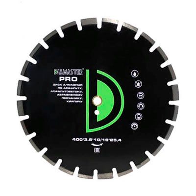 Диск алмазный сегментный Diamaster Pro 400x25,4 (40x3,6x10/16) мм 24z (асфальт, wet, dry)