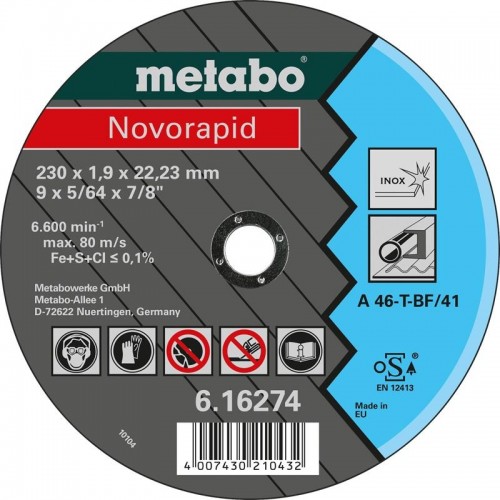 Диск отрезной по нержавеющей стали METABO 230x1,9x22,23 мм A46T Novorapid 616274000