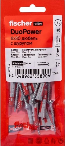 Дюбель универсальный нейлоновый FISCHER DUOPOWER 6x30 с шурупом, 12 шт. 577316