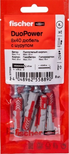 Дюбель универсальный нейлоновый FISCHER DUOPOWER 8x40 с шурупом, 8 шт. 577315