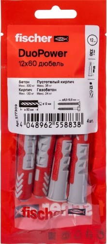 Дюбель универсальный нейлоновый FISCHER DUOPOWER 12x60, 4 шт 577309