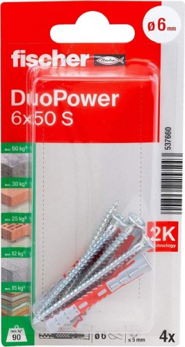 Дюбель универсальный нейлоновый FISCHER DUOPOWER 6x50 с шурупом, 4 шт. 577307 - изображение 2