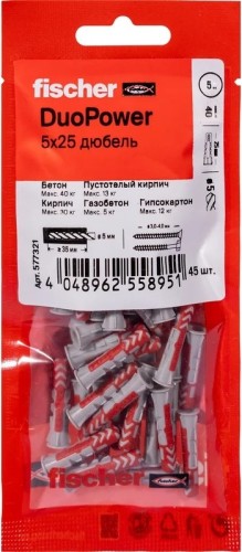 Дюбель универсальный нейлоновый FISCHER DUOPOWER 5x25, 45 шт. 577321