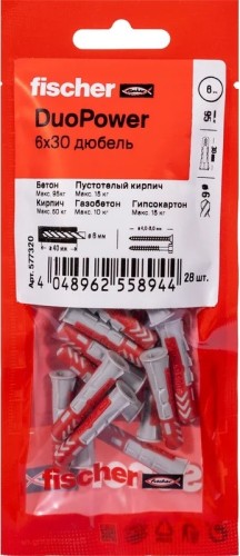 Дюбель универсальный нейлоновый FISCHER DUOPOWER 6x30, 28 шт. 577320
