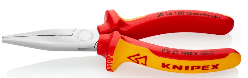 Длинногубцы KNIPEX KN-3016160SB VDE, плоские рифленные губки 46.5 мм, длина 160 мм