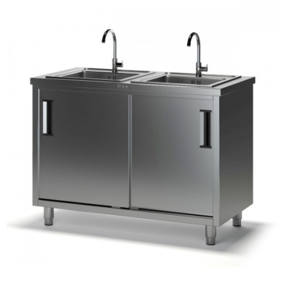 Двухсекционная ванна моечная СКМ-1 с тумбой (1500х600х870), 2 мойки цельн. накладные 400х500х140