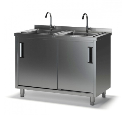 Двухсекционная ванна моечная СКМ-2 с тумбой с бортом (1200х600х870), 2 мойки цельн. вварные 400х400х250