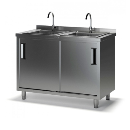 Двухсекционная ванна моечная СКМ-2 с тумбой с бортом (1200х600х870), 2 мойки цельн. накладные 400х500х140