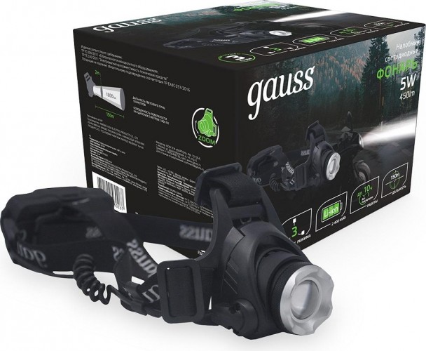 Фонарь GAUSS GFL407 налобный 5w 450lm li-ion 2400mah led GF407