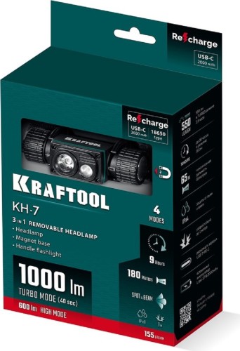 Фонарь налобный  KRAFTOOL KH-7 1000 лм, 3в1 аккумуляторный  56450 - изображение 2