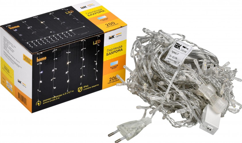 Гирлянда IEK LIGHTING бахрома 4,5х0,7м, 200 светодиодов, белый свет IP44 мерцани LGDU321-2-200-L3-T-S-44