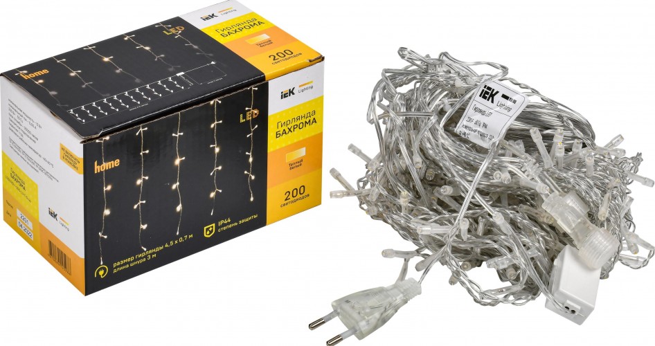Гирлянда IEK LIGHTING бахрома 4,5х0,7м, 200 светодиодов, теплый белый свет IP44 LGDU301-1-200-L3-T-S-44