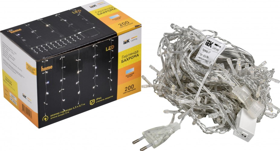 Гирлянда IEK LIGHTING бахрома 4,5х0,7м, 200 светодиодов, белый свет IP44 LGDU301-2-200-L3-T-S-44