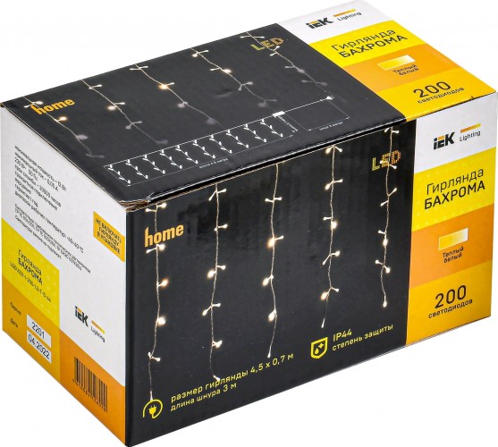 Гирлянда IEK LIGHTING бахрома, мерцание 4,5х0,7м, 200 светодиодов, теплый белый свет IP44  LGDU321-1-200-L3-T-S-44 - изображение 2