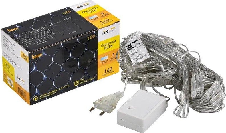 Гирлянда IEK LIGHTING сеть 1,5х1,5м 160 светодиодов белый свет IP20, контрол/8 сцен LGDB410-2-160-L1-T-S-44