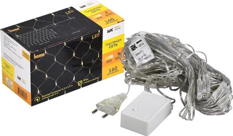 Гирлянда IEK LIGHTING сеть 1,5х1,5м 160 светодиод теплый белый свет IP20, контр/8 сцен LGDB410-1-160-L1-T-S-44