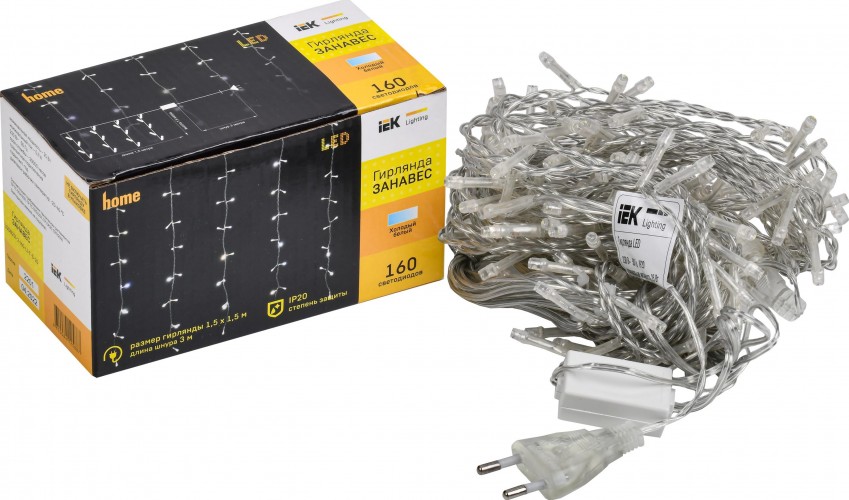 Гирлянда IEK LIGHTING занавес 1,5х1,5м, 160 светодиодов, белый свет IP20 LGDB201-2-160-L1-T-S-20