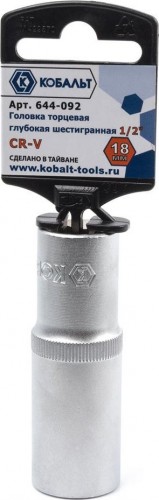 Головка шестигранная с посадкой 1/2" Кобальт 644-092 торцевая глубокая 18 мм, cr-v