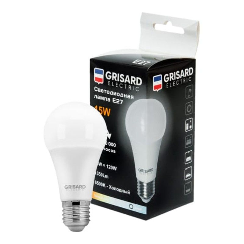 Лампа светодиодная GRISARD ELECTRIC А60 Е27 15Вт 6500К 220В, Холодный белый свет 100 шт - изображение 4