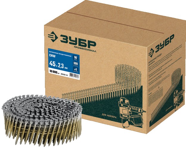 Гвозди для скобозабивателя ЗУБР CNW 45х2.3 мм барабанные рифленые, 10800 шт  305382-45
