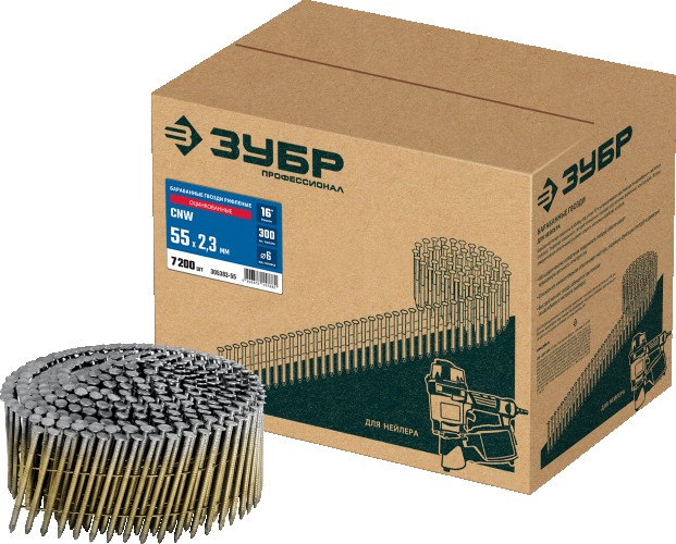 Гвозди для скобозабивателя ЗУБР CNW 55х2.3 мм барабанные рифленые оцинкованные, 7200 шт  305383-55