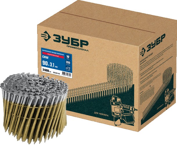 Гвозди для скобозабивателя ЗУБР CNW 90х3.1 мм барабанные рифленые оцинкованные, 3600 шт  305383-90