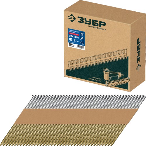 Гвозди для скобозабивателя ЗУБР SN34 (d34) 83х3.1 мм реечные рифленые оцинкованные, 3000 шт  305399-83