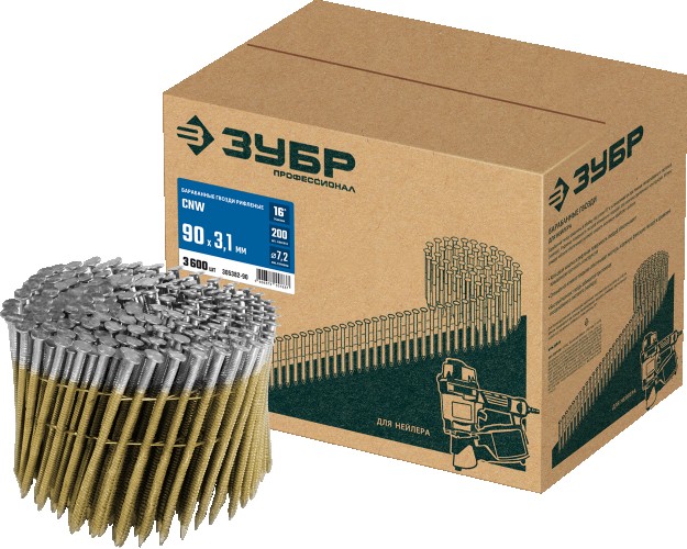 Гвозди для скобозабивателя ЗУБР CNW 90х3.1 мм барабанные рифленые, 3600 шт  305382-90