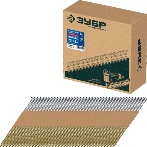 Гвозди для скобозабивателя ЗУБР SN34 (d34) 75х2.8 мм реечные рифленые оцинкованные, 4000 шт  305399-75