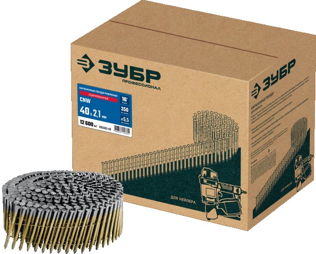 Гвозди для скобозабивателя ЗУБР CNW 40х2.1 мм барабанные рифленые оцинкованные, 12600 шт  305383-40
