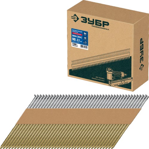Гвозди для скобозабивателя ЗУБР SN34 (d34) 90х3.1 мм реечные рифленые оцинкованные, 3000 шт  305399-90