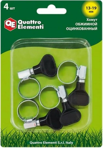 Хомут червячный с ключом QUATTRO ELEMENTI 13-19 мм оцинкованный, 4 шт в блистере 772-432