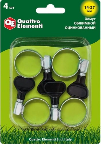 Хомут червячный с ключом QUATTRO ELEMENTI 14-27 мм оцинкованный, 4 шт в блистере 772-449