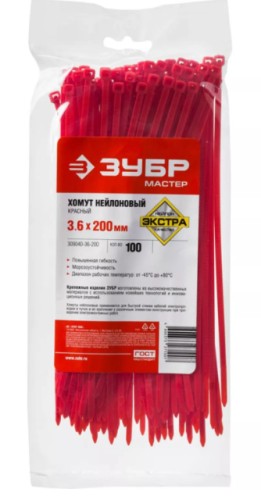 Хомут пластиковый ЗУБР ПРОФЕССИОНАЛ красные кс-к1, 3.6x200 мм, 100 шт, нейлоновые, 309040-36-200 - изображение 3