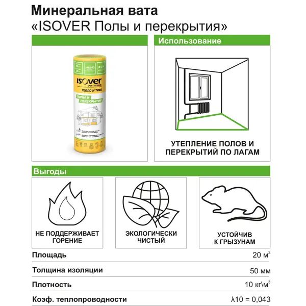 Утеплитель Isover Полы и Перекрытия 50 мм 20 м2 - изображение 2