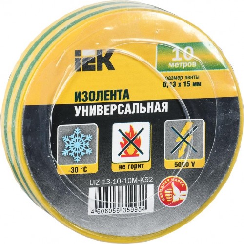 Изолента IEK ПВХ 0.13х15мм (рул. 10м) желт./зел. UIZ-13-10-10M-K52