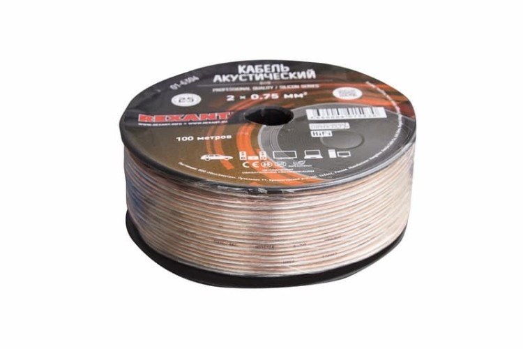 Кабель акустический REXANT 01-6304 2х0,75мм², прозрачный SILICON, 100м