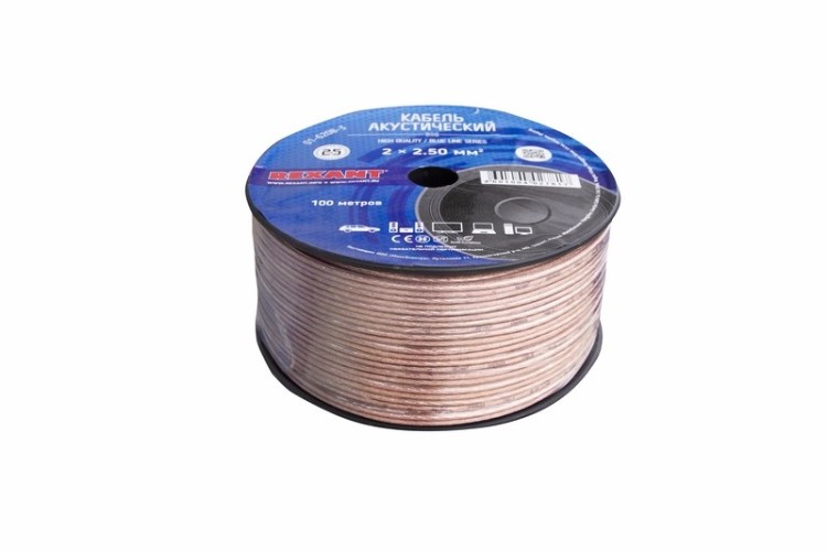 Кабель акустический REXANT 01-6208-3 2х2,50мм², прозрачный BLUELINE,  100м