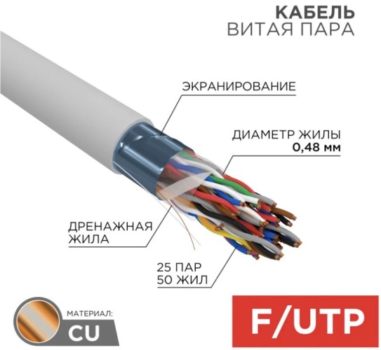 Кабель REXANT F/UTP, CAT 5е, PVC 25x2x0,48мм, внутренний, серый 01-1201-R - изображение 2
