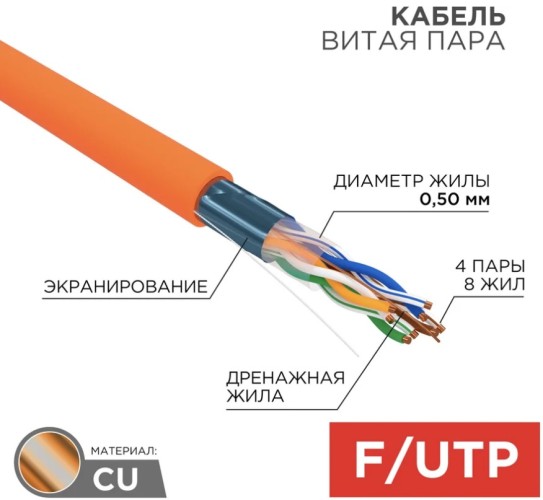 Кабель REXANT F/UTP, CAT 5e, ZH нг(A)-HF (LSZH) 4x2x0,50мм, 24AWG внутр. оранж 01-0150 - изображение 2