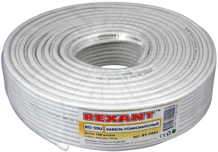 Кабель REXANT RG-59U (75 Oм) Cu/Al/Cu (0,58/Al/48х0,12мм) 64%, 100м, бе 01-2641 - изображение 2